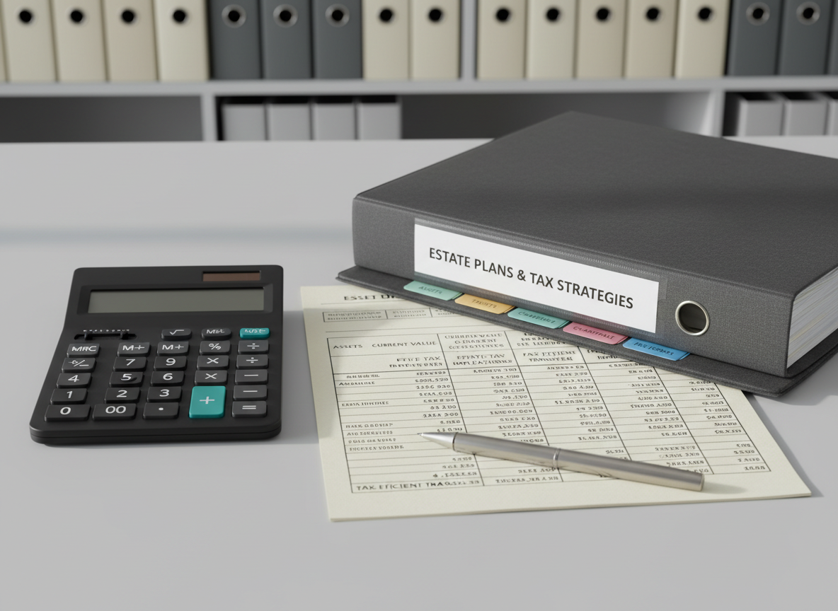 A close-up of a refined workspace dedicated to tax-conscious estate planning, featuring a matte black calculator, a neatly tabbed binder, and a printed spreadsheet with tidy rows of financial data, all resting on a smooth, pale gray desk surface. A slim, stainless-steel pen lies parallel to the paper’s edge, reinforcing a sense of precision. In the background, blurred shelves hold uniformly spaced ring binders in soft neutral colors. Natural daylight from an unseen window casts soft, directional light across the desk, creating subtle shadows that accentuate textures. The mood is methodical and confident, suggesting careful attention to tax implications. Shot from a three-quarter overhead angle with moderate depth of field, the image maintains clarity on key objects while gently softening the periphery. The style is photographic, minimal, and distinctly corporate.