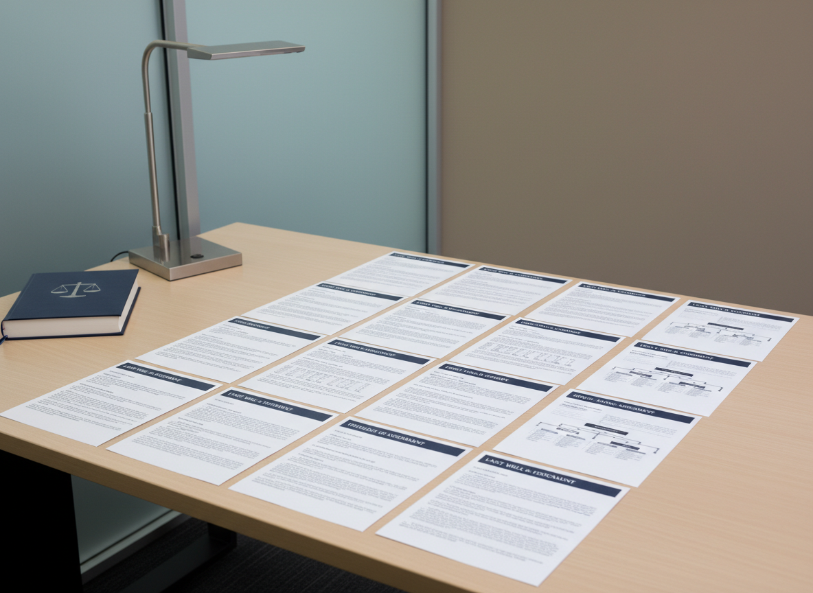 An orderly arrangement of legal documents for estate planning and business formation spread across a light ash wood desk, each page aligned with precision, featuring visible but unreadable headings and structured charts. A closed, navy-blue hardbound book embossed with a subtle scales-of-justice icon anchors one corner, beside a minimalist brushed-steel desk lamp. The setting is a quiet, contemporary office with frosted glass panels and a neutral taupe wall in the background. Soft overhead office lighting combined with ambient window light creates even illumination with minimal shadows. The mood is composed, analytical, and reassuring. Framed from a slightly elevated angle with sharp focus throughout, the composition highlights order and structure. The photographic realism emphasizes a clean, corporate aesthetic with balanced composition and restrained color palette.