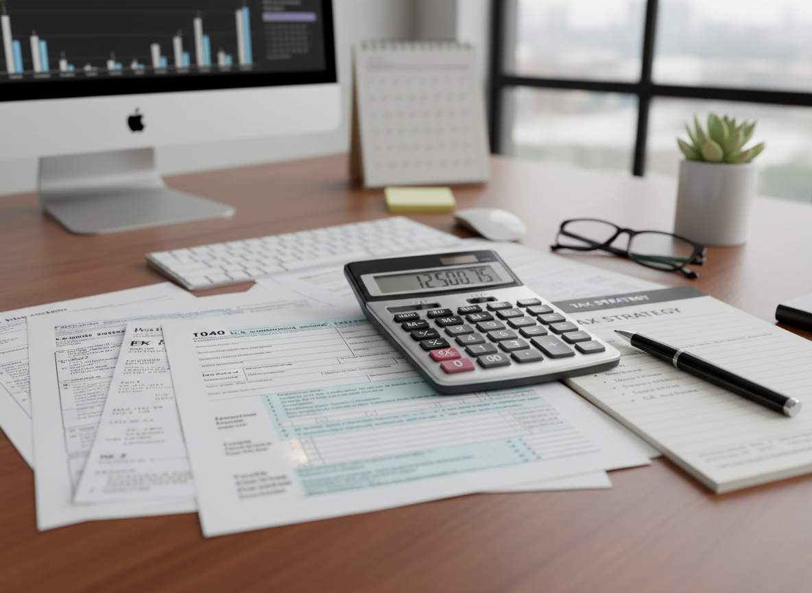 A stock image representing tax planning, with tax forms, a calculator, and financial documents.